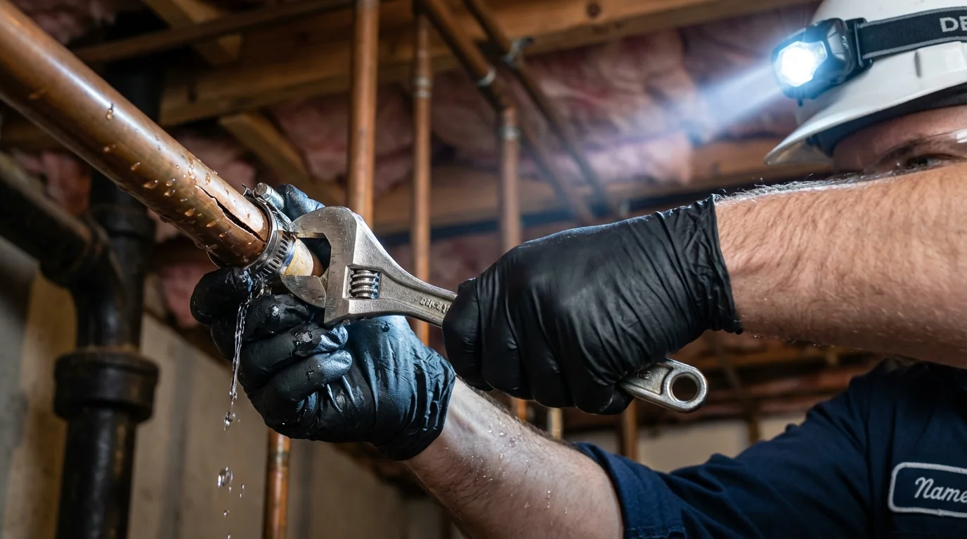 Emergency pipe clamp repair being performed by a Johns Plumbing LLC plumber in Orrington