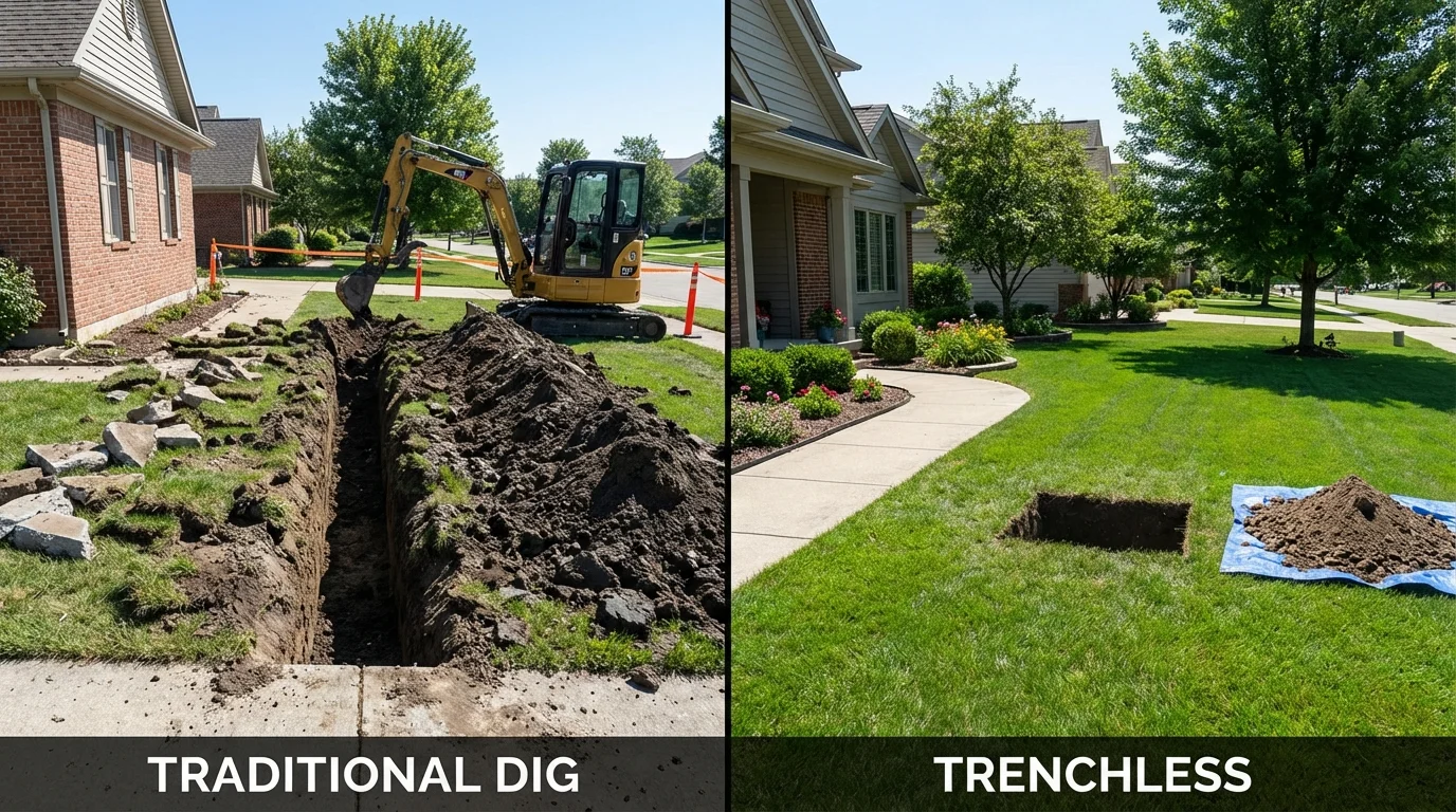 Trenchless sewer repair with minimal yard damage versus traditional excavation in Orrington, ME