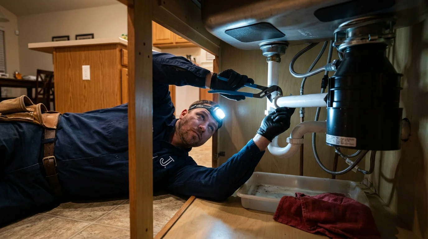 P-trap and supply line connections under a kitchen sink showing a common leak point in Orrington, ME